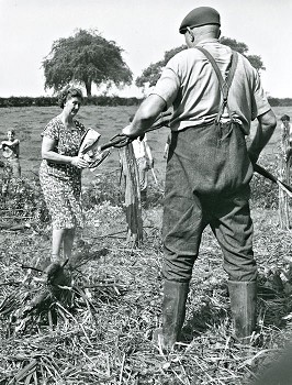 Jack and Mary Osborne tending a fire with volunteers